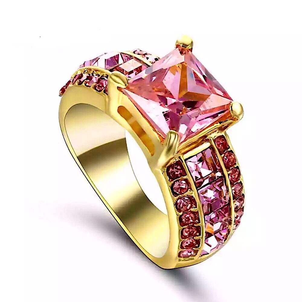 Pink & gold cubic zirconia square cut ring
